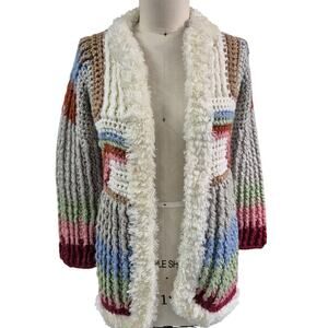 70s -80s Rainbow Boho Riddles by Elliot Acrylic Crochet Open Sweater Jacket Sz L